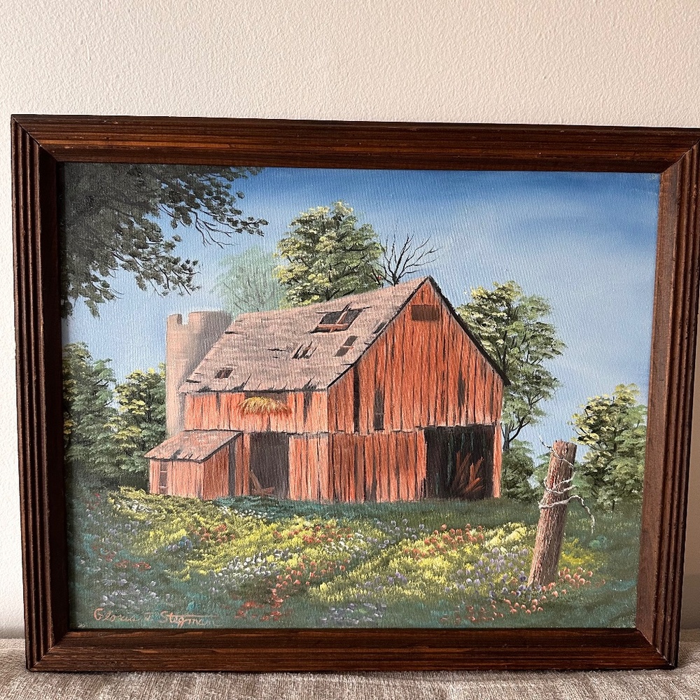 Vintage Framed Oil Painting – Red Barn in Meadow by Gloria J. Stegman 22"x18"